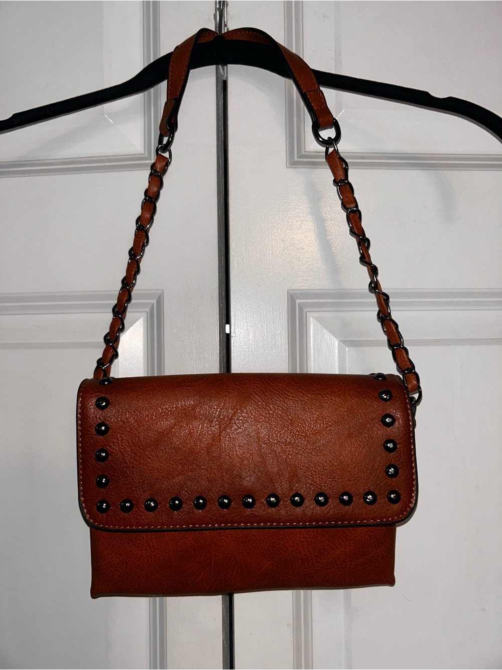 Brown Studded Chain-Detail Shoulder Bag